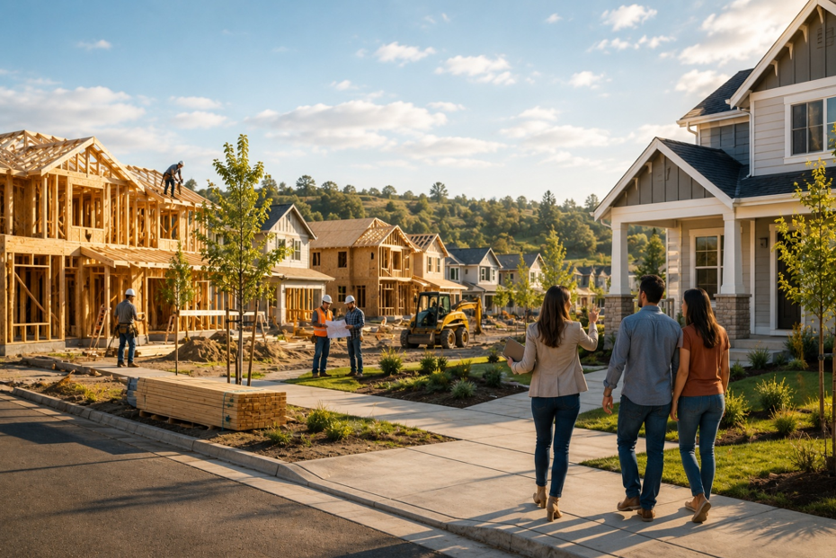 New homes under construction in a California residential neighborhood while prospective buyers walk through the community, representing housing supply growth, development, affordability, and future real estate opportunities