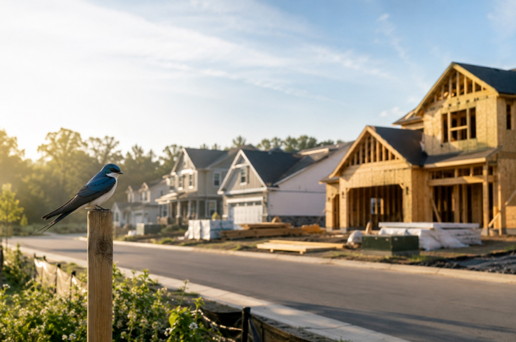 Blue sparrow beside a neighborhood where new homes are under construction, reflecting continued growth in the housing market