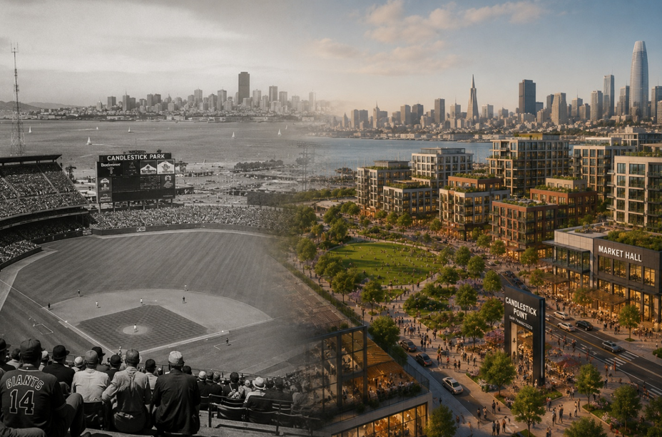 Split image showing historic Candlestick Park on the left and a modern mixed-use housing development on the right, illustrating San Francisco’s long-term housing transformation and the years required to build large residential communities.