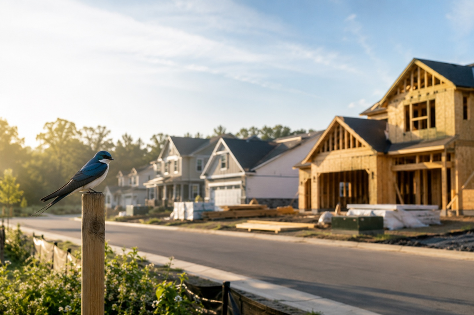 Bird perched on a fence in a new California housing development with homes under construction, representing emerging housing market trends, new construction growth, and the next phase of real estate development.