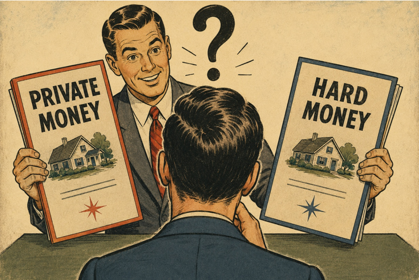 Illustration comparing Hard Money and Private Money real estate loans, showing that the terms can describe similar types of property-secured financing
