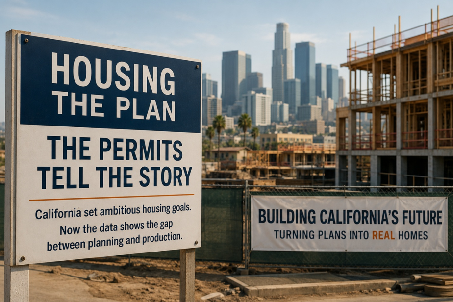 California housing development under construction with a sign highlighting the gap between statewide housing plans, permits, and actual home production