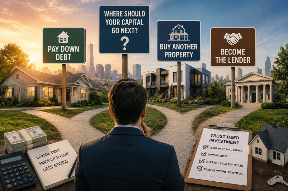 Real estate investor considering different ways to use available capital, including buying another property, paying down debt, or becoming a trust deed lender