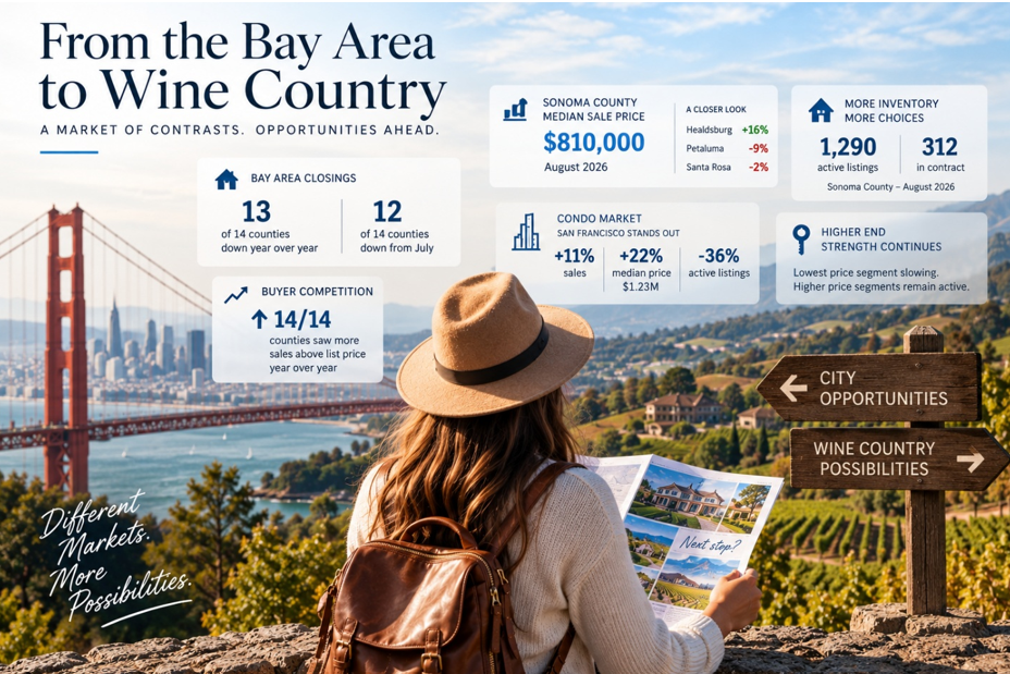 Bay Area and Sonoma County housing market showing differences in inventory, home prices, buyer competition, and real estate opportunities